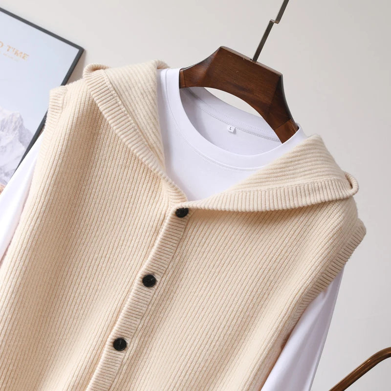 2025 Autumn/Winter Men's Vest 100% Merino Wool Knit Hooded Cardigan Casual Loose Sleeveless Solid Color Men's Cashmere Sweater