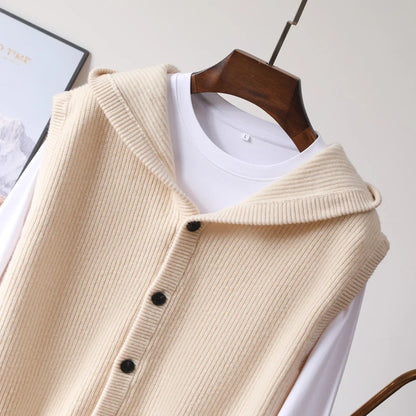 2025 Autumn/Winter Men's Vest 100% Merino Wool Knit Hooded Cardigan Casual Loose Sleeveless Solid Color Men's Cashmere Sweater