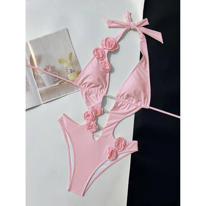 Sexy 3D Flowers Deep V Neck Halter Women Swimwear One Piece Swimsuit Female High Cut Leg Monokini Bather Bathing Suit Swim V6986