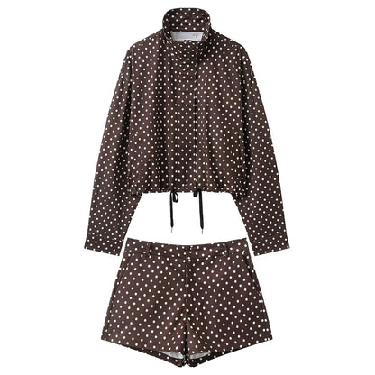 HH Woman Autumn Long Sleeves Turtleneck Zipper With Pockets Drawstring Casual Coats Women Fashion Polka Dot Printed Jacket