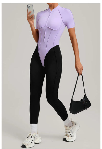 SOISOU Zipper Jumpsuit Women Nylon Clothing Sportswear Woman Gym Yoga Sport Sets Short Sleeve Workout Sets Women Tracksuit