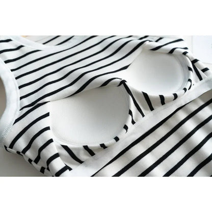 2026 Summer New Women's Tank Top Pajamas All Cotton with Chest Pads Tank Top with Stripe Sports Bottom Short Home Fur Ladies