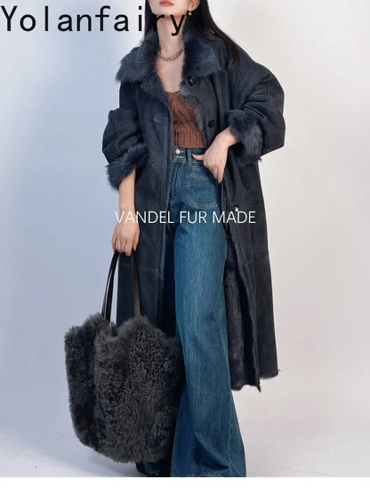 YOLANFAIRY Real Goatskin Leather Fur Coats for Women Winter High-end Natural Fur Coat Lazy Style Long Leather Jacket Luxury Wear
