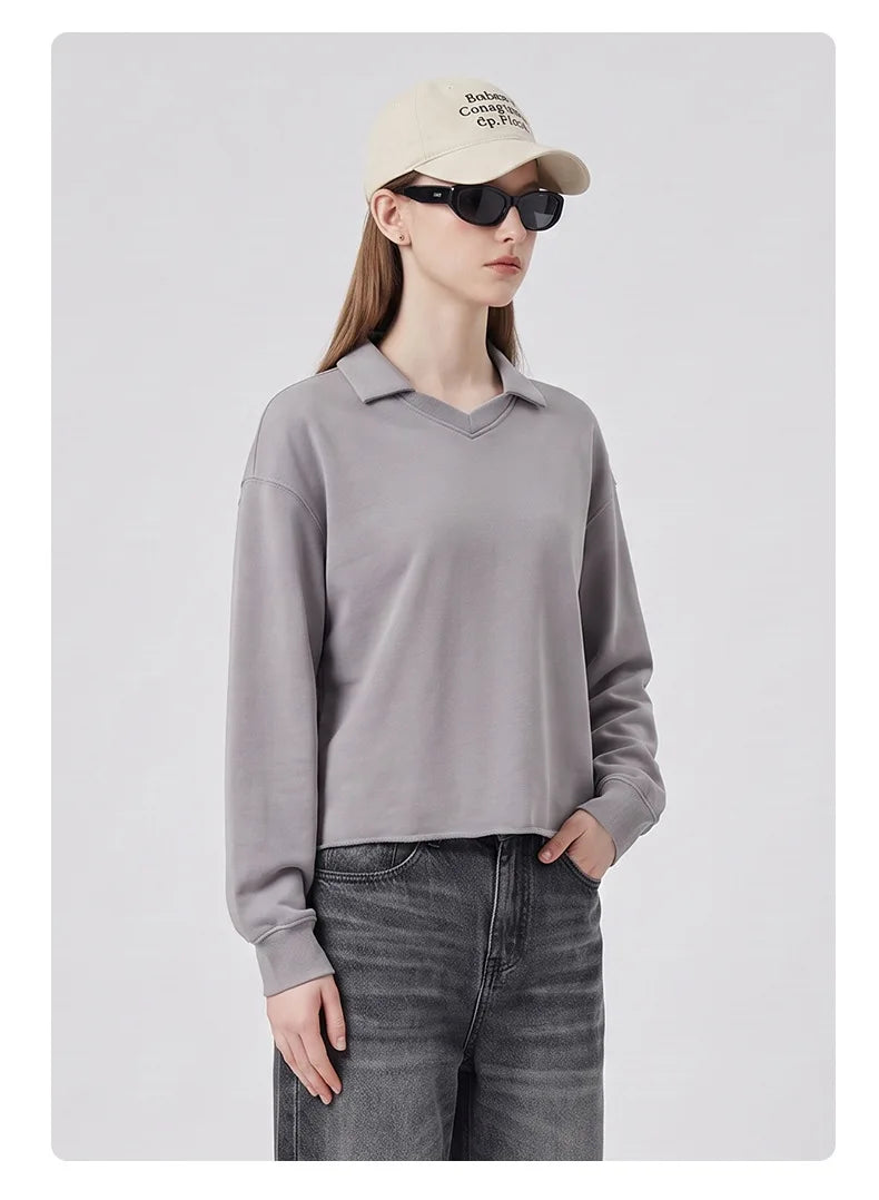 Custom LOGO men's clothing 380G old money wind 100% cotton BOXY short and wide washed old small V-neck curling terry sweater