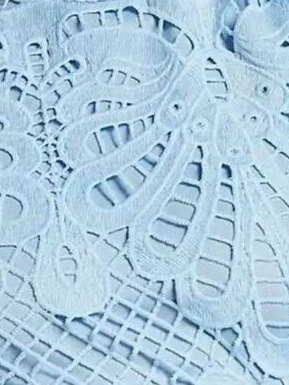 DEAT Fashion White Stand Collar Lantern Long Sleeve Water-soluble Lace Dress A-line Ruffle Hollow Party Mini Dresses Summer New