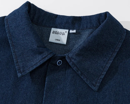 Summer Japanese Retro Ethnic Style Embroidered Denim Men's and Women's Short Sleeved Shirts, Loose Five Quarter Sleeved Workwear