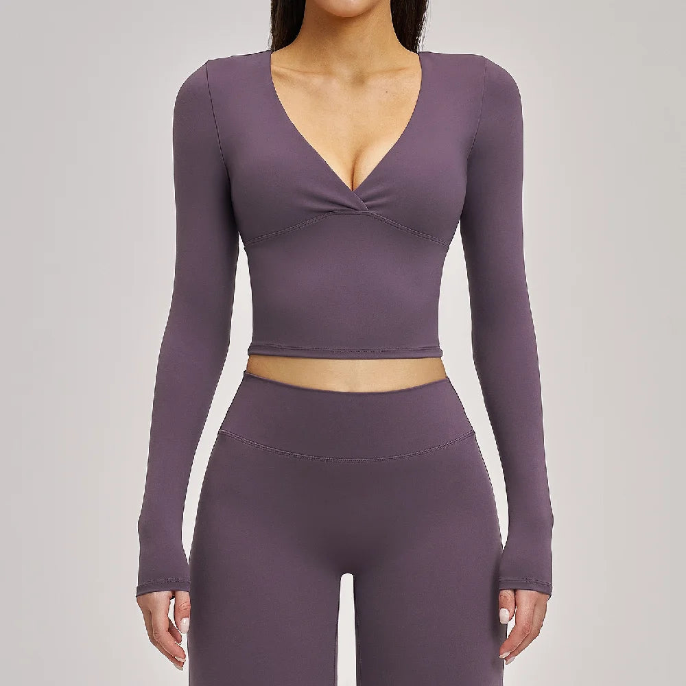 Deep-V Yoga Long Sleeve Solid Sports T-shirts Women's Gym Workout Shirts Sexy Quick Dry Fitness Long Sleeve Female Yoga Shirts