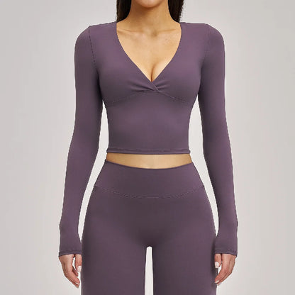 Deep-V Yoga Long Sleeve Solid Sports T-shirts Women's Gym Workout Shirts Sexy Quick Dry Fitness Long Sleeve Female Yoga Shirts