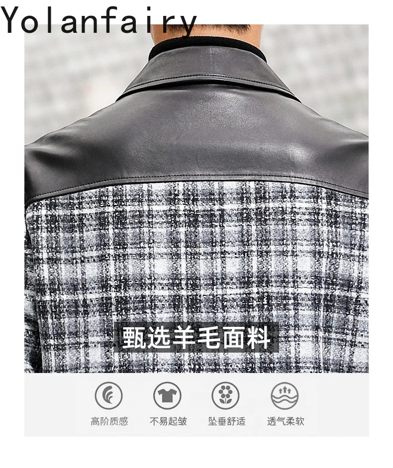 YOLANFAIRY Plaid Wool Spliced Genuine Sheepskin Jacket for Man Spring Autumn Short Woolen Coat Turn Down Collar abrigo hombre