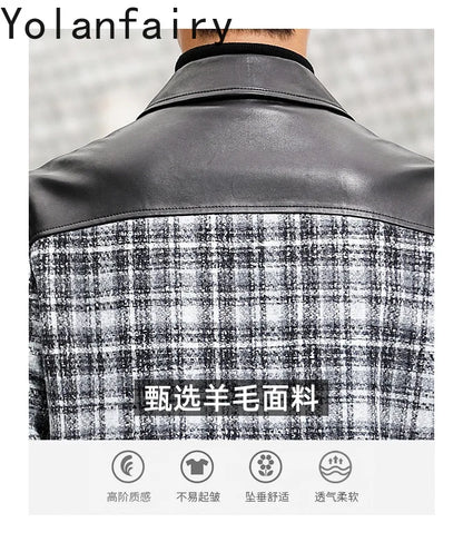 YOLANFAIRY Plaid Wool Spliced Genuine Sheepskin Jacket for Man Spring Autumn Short Woolen Coat Turn Down Collar abrigo hombre