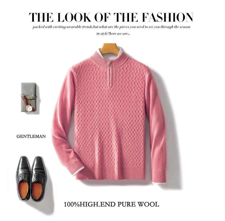 2024 Autumn Winter New Men's Half-High-Neck Thick 100% Pure Wool Sweater Long-Sleeved Business Warm Cashmere Bottoming Shirt Top