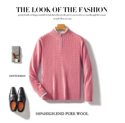 2024 Autumn Winter New Men's Half-High-Neck Thick 100% Pure Wool Sweater Long-Sleeved Business Warm Cashmere Bottoming Shirt Top