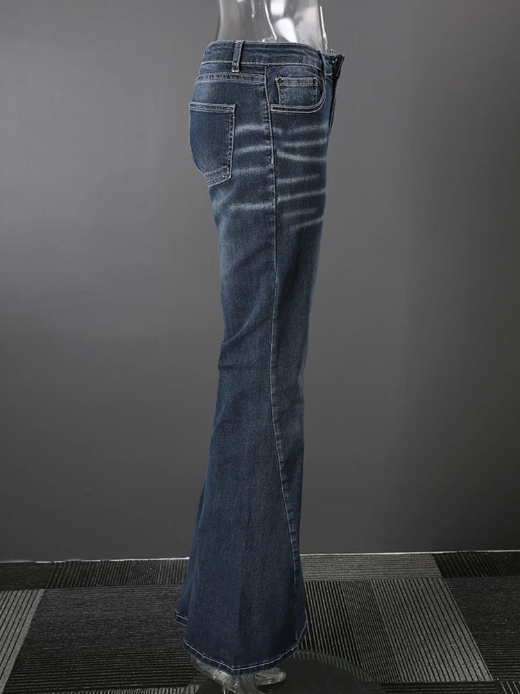DEAT Fashion Flared Denim Jeans Women's Mid Rise Whiskered Wash Dark Blue Bootcut Jeans Summer New