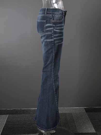 DEAT Fashion Flared Denim Jeans Women's Mid Rise Whiskered Wash Dark Blue Bootcut Jeans Summer New
