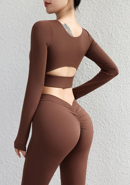SOISOU Hollow Back Slim Fit Yoga Crop Top Women's Pilates Pullover Shockproof Sports Long Sleeve High Elastic Fitness T Shirt
