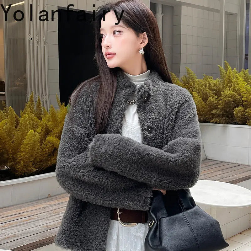 YOLANFAIRY 100% Genuine Leather Jacket Women Warm Natural Fur Coat Woman Winter Short Real Lamb White Fur Coats Jaqueta Feminina