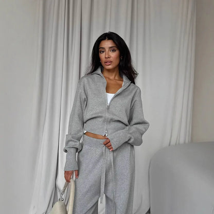 Women Cotton Knitted Cardigan Wide Leg Pants Suit Autumn and Winter Lady  Fashion Loose Daily Office Jacket Straight Pants 2Pcs