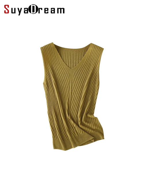SuyaDream. Women Knitted Tanks, 45%Silk 55%Lyocell, V neck, Sleeveless Chic T Shirt, 2025 Solid Summer Vests