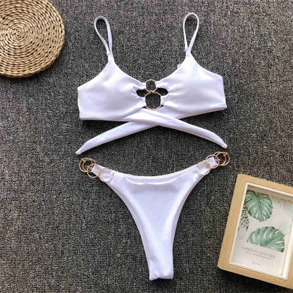 Metal Rings Leopard Brazilian Bikini Women Swimwear Female Swimsuit Two-piece Bikini set Thong Bather Bathing Suit Swim V1441