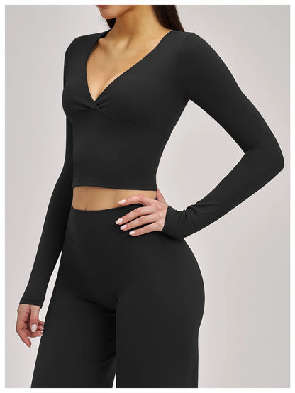 Deep-V Yoga Long Sleeve Solid Sports T-shirts Women's Gym Workout Shirts Sexy Quick Dry Fitness Long Sleeve Female Yoga Shirts