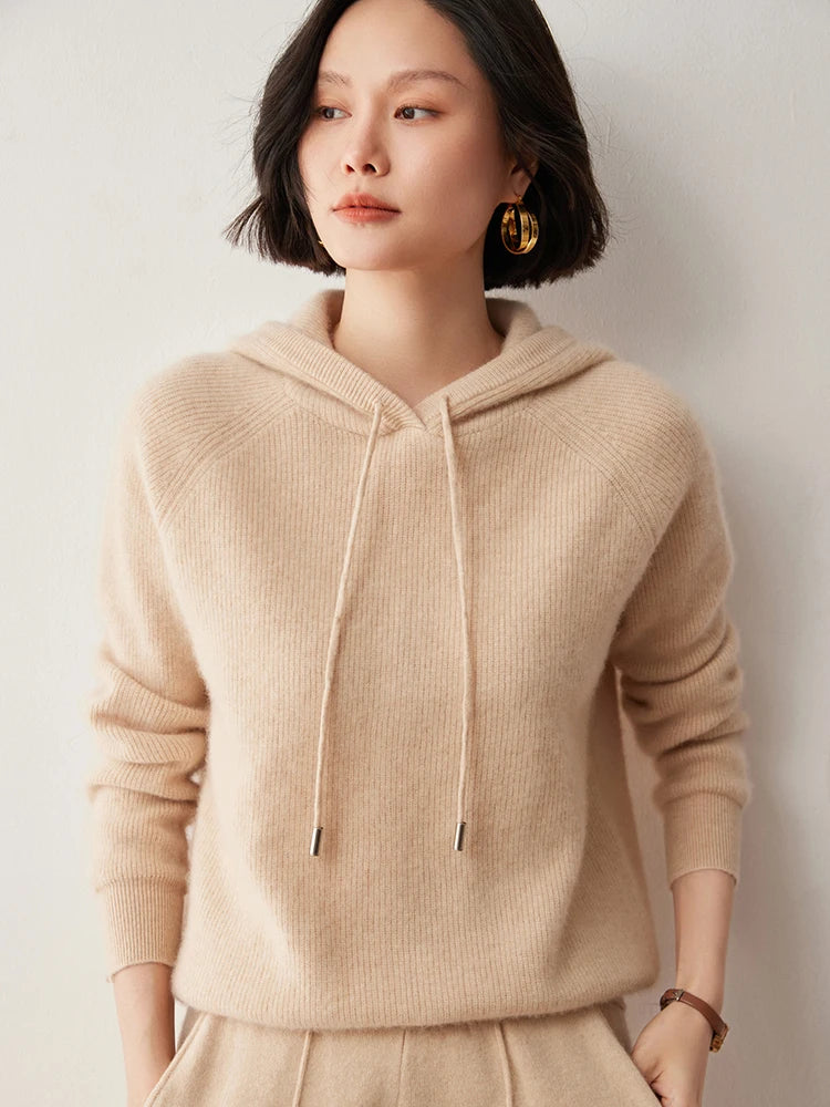 CHICUU Autumn Winter Women Hoodie Pullover Sweater 100% Cashmere Knitwear Soft Warm Casual Style Hooded Sweater Tops