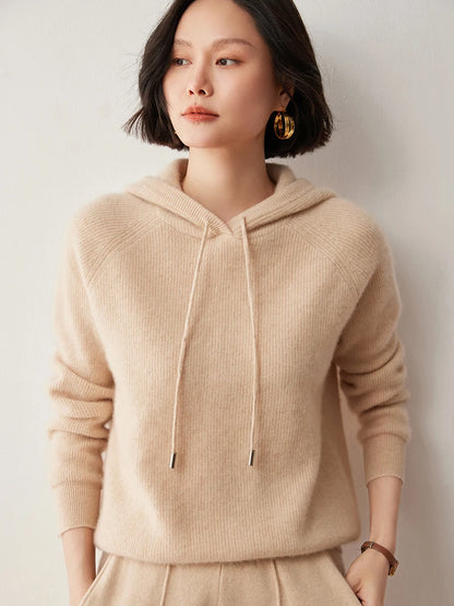 CHICUU Autumn Winter Women Hoodie Pullover Sweater 100% Cashmere Knitwear Soft Warm Casual Style Hooded Sweater Tops