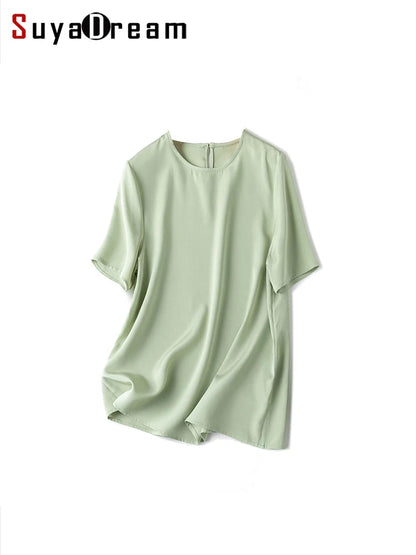 SuyaDream Women T Shirt 22mm Real Silk O Neck Short Sleeves Summer Tee 2025 New Chic Tops Pink Purple