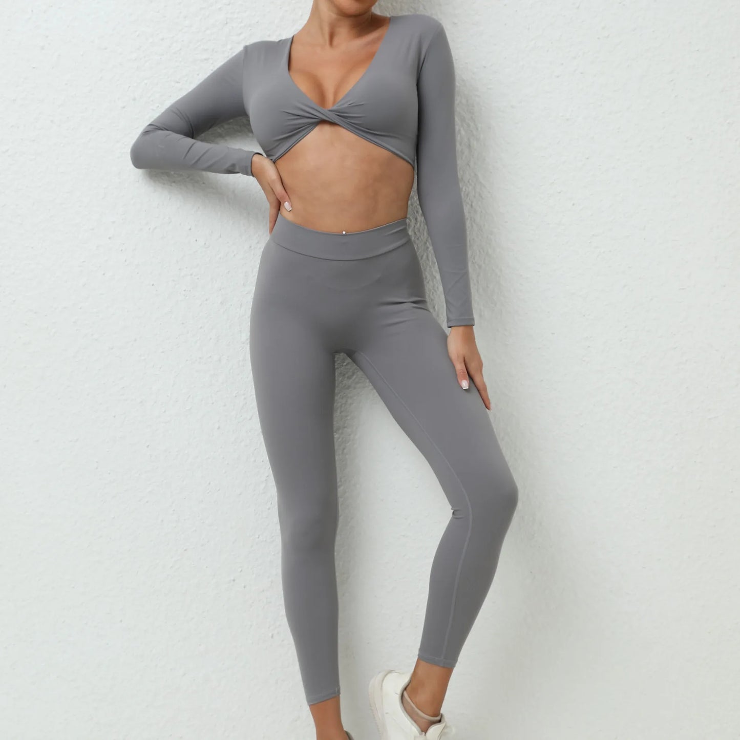 Yoga Set Women Clothes Workout Set 2 Pieces Sportswear Gym Clothing Fitness Long Sleeve Crop Top High Waist Leggings Sports Suit