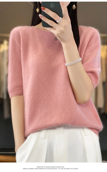 100% Merino wool women's O neck knitted T-shirt Korean pullover short sleeve sweater women's basic solid color half sleeve women