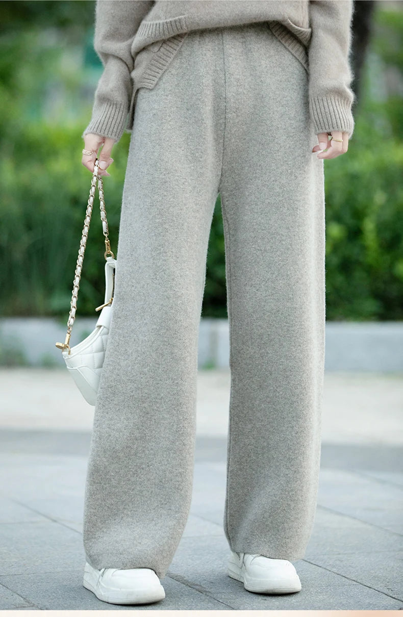 DjzDsm Women's 100% Merino Wool Wide Leg Straight Leg Pants Autumn Winter Thickened Comfortable Fit Trousers
