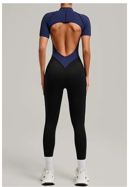 SOISOU Zipper Jumpsuit Women Nylon Clothing Sportswear Woman Gym Yoga Sport Sets Short Sleeve Workout Sets Women Tracksuit