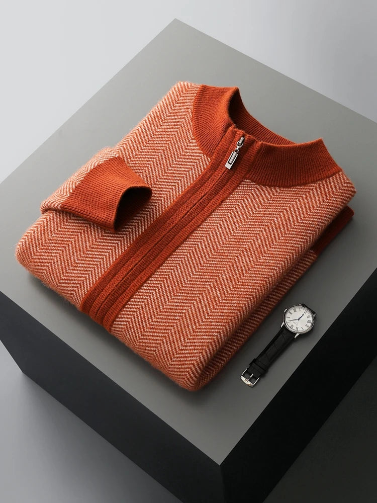 Autumn Winter 100% Merino Wool Knitted Zipper Cardigan Men's Half High Collar Herringbone Pattern Thick Coat Casual Warm Jacket