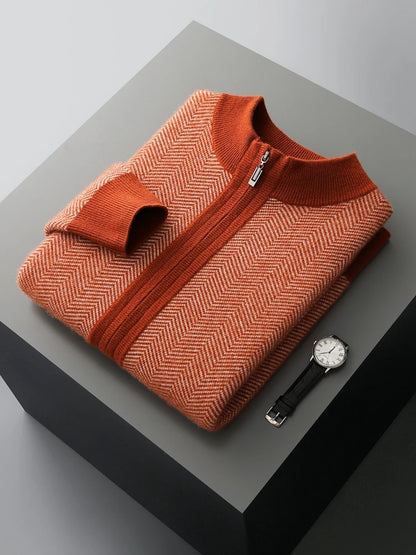 Autumn Winter 100% Merino Wool Knitted Zipper Cardigan Men's Half High Collar Herringbone Pattern Thick Coat Casual Warm Jacket