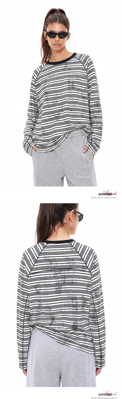 Custom LOGO Men's Cotton Polyester 210G Retro Dirty Dyeing Room Strips Shoulder Rugged Couple Long Sleeve Knitted T-Shirt Top