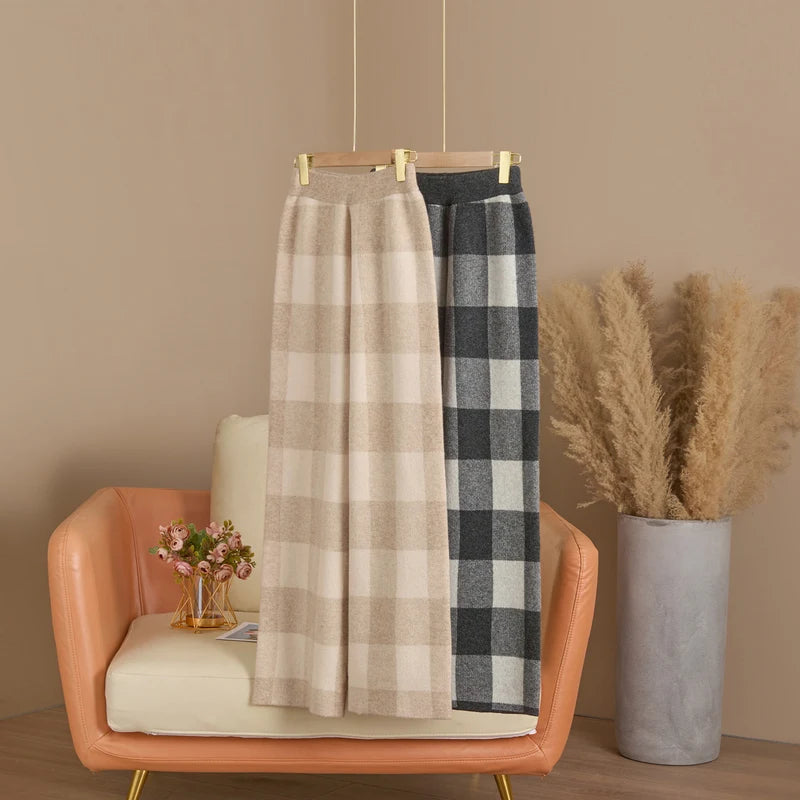 DjzDsm Autumn and Winter New Women's 100% Merino Wool Thickened High Waist Knitted Wide Leg Pants Four Flat Casual Plaid Pants