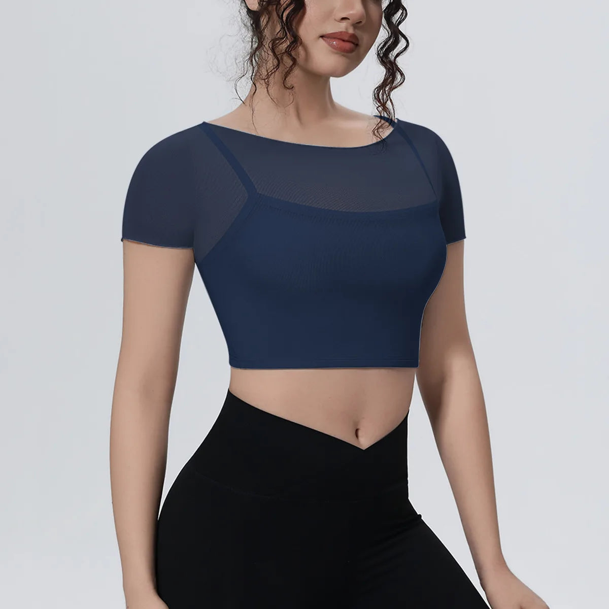Hearuisavy Women's Mesh Short Sleeve Yoga Top With Padded Bra Fake Two Piece Gym Clothing Quick Dry Sports Crop Top Fitness Top