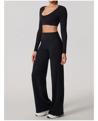 Hearuisavy Sports Set 2Pcs Women's  Long Sleeve Backless Fitted Fitness Top Push Up Pilates Yoga Top Wide Leg Straight Leg Pants