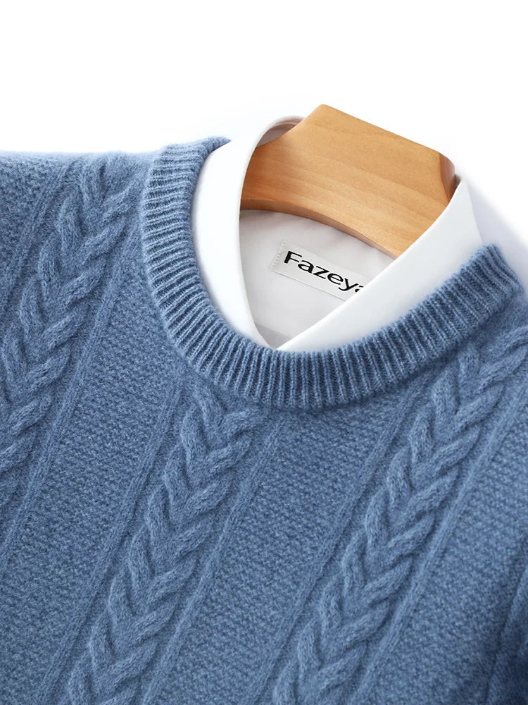 100% Merino Wool Sweater Men's Round Neck Thickened Tops Autumn Winter New Soft Warm Casual Solid Color Knitted Pullover