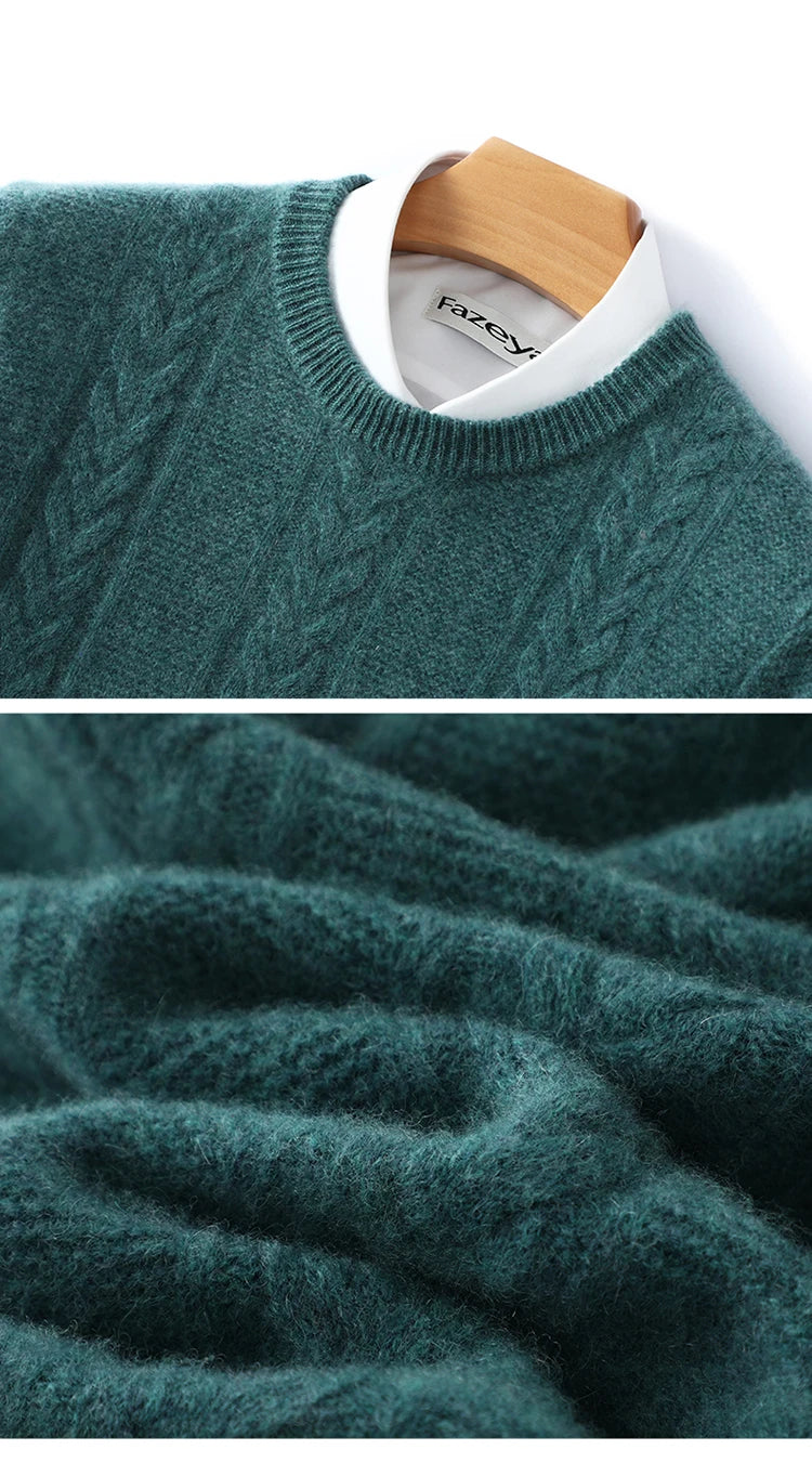 100% Merino Wool Sweater Men's Round Neck Thickened Tops Autumn Winter New Soft Warm Casual Solid Color Knitted Pullover