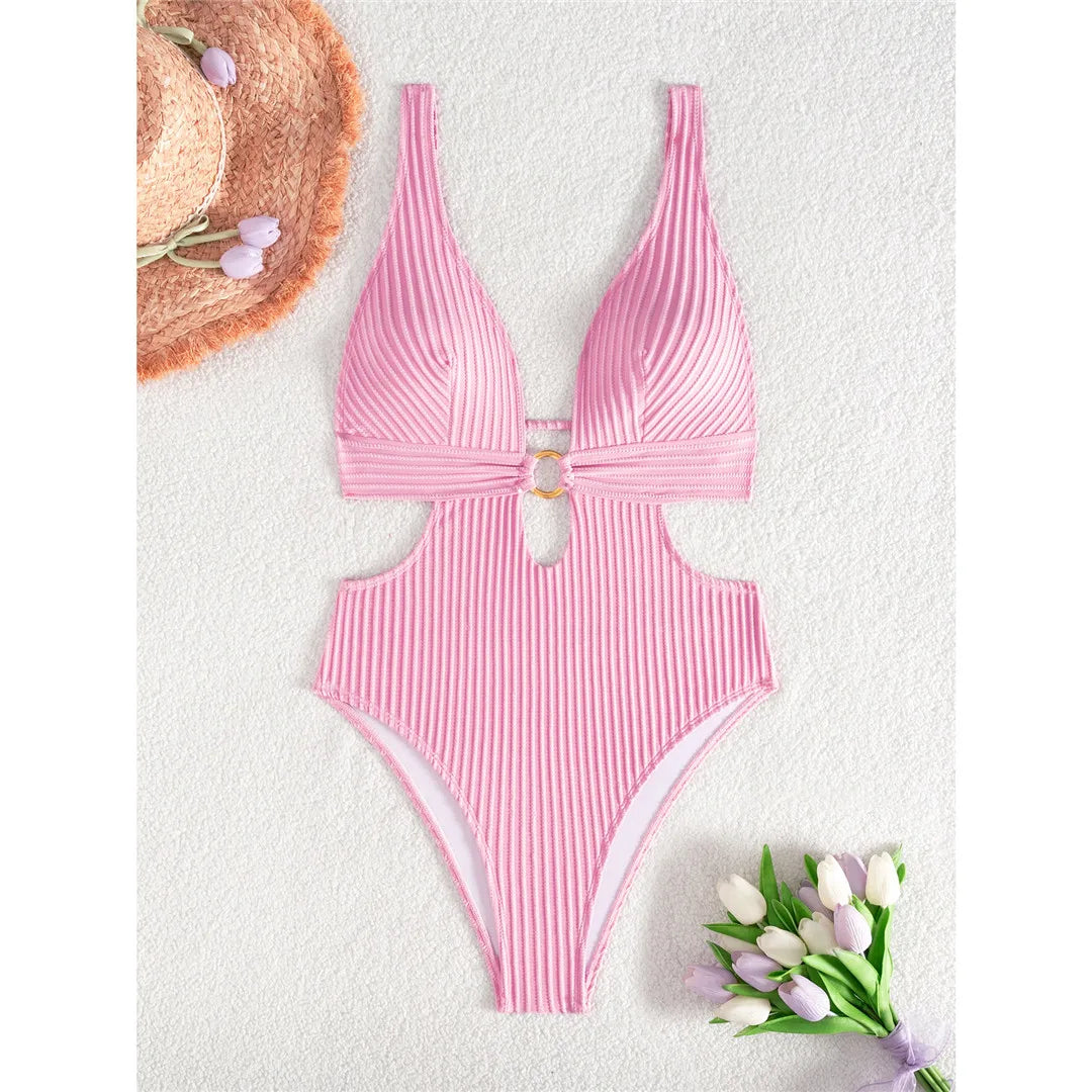 Sexy 8 Colors Deep V Neck Cut Out One Piece Swimsuit Women Swimwear Female High Leg Cut Monokini Bather Bathing Suit Swim V7177