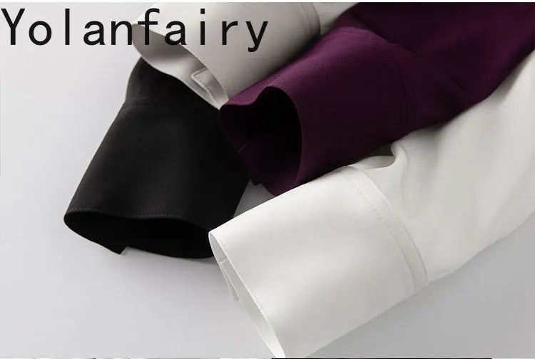 YOLANFAIRY 93% Real Mulberry Silk Shirts for Women Spring 2026 Elegant Solid Long Sleeve Shirt Woman Top Ribbon OL Blouses Trend