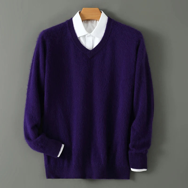 100% Pure Mink Cashmere Sweater Men's V-Neck Pullovers Knit Large Size Mink Sweater Winter New Long Sleeve High-End Jumpers Tops