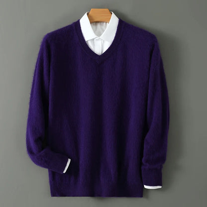 100% Pure Mink Cashmere Sweater Men's V-Neck Pullovers Knit Large Size Mink Sweater Winter New Long Sleeve High-End Jumpers Tops