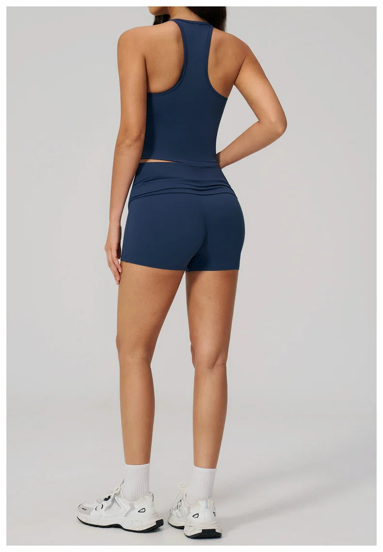 TRY TO BN Two Pieces Women's Tracksuit Vest Sling Top Set Fold-over Waist Yoga Shorts Hip Lifting Running Fitness Gym Activewear