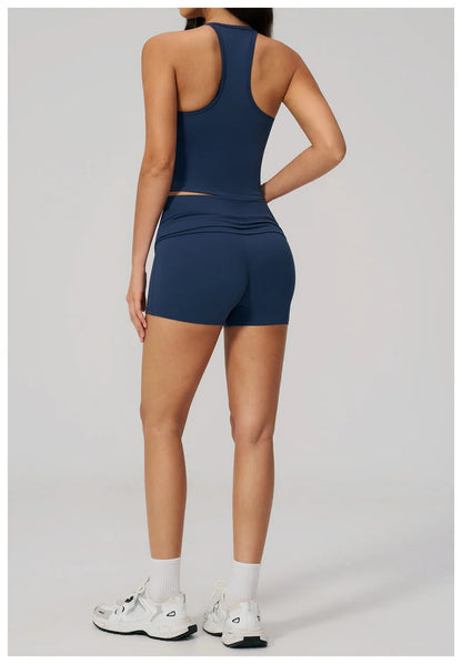 TRY TO BN Two Pieces Women's Tracksuit Vest Sling Top Set Fold-over Waist Yoga Shorts Hip Lifting Running Fitness Gym Activewear
