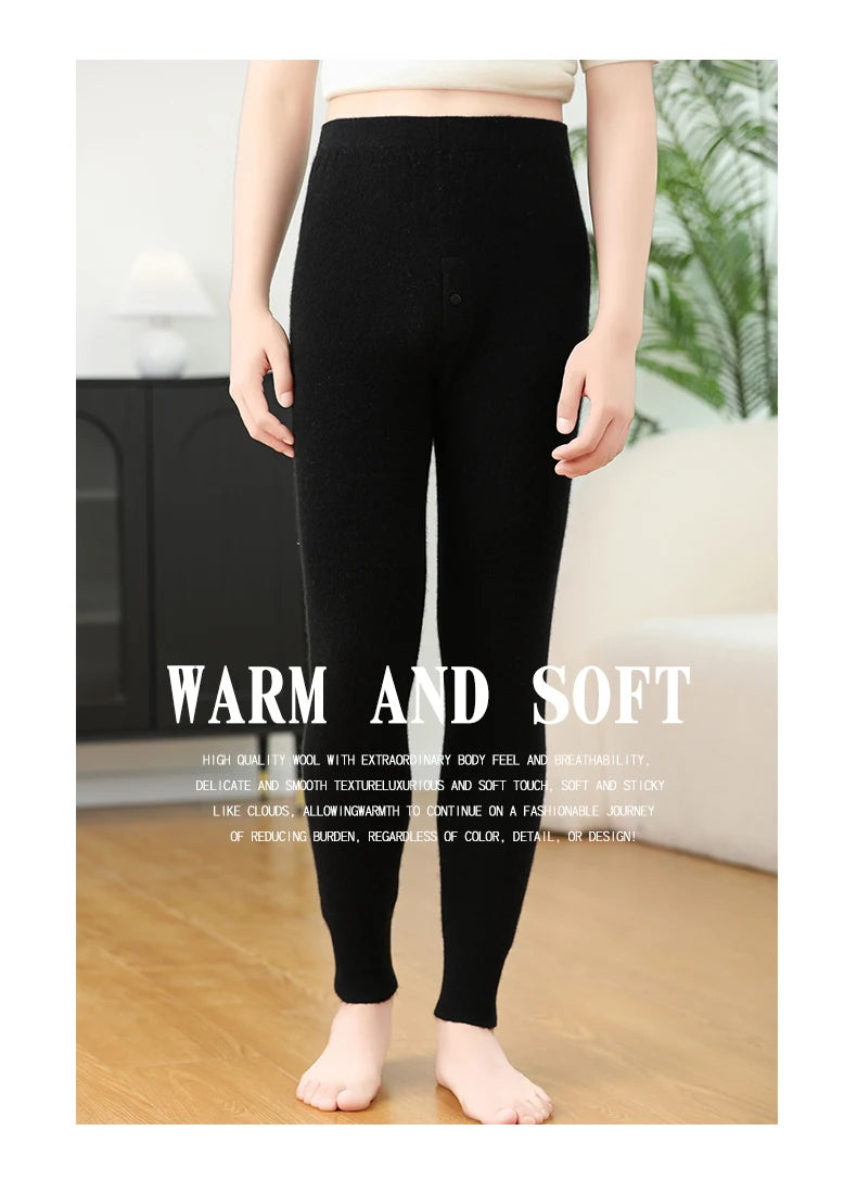 100% Cashmere Knit Leggings Men Winter Wearing Thermal Underwear High Waist Trousers Solid Thicken Elasticity Ankle-Length Pants