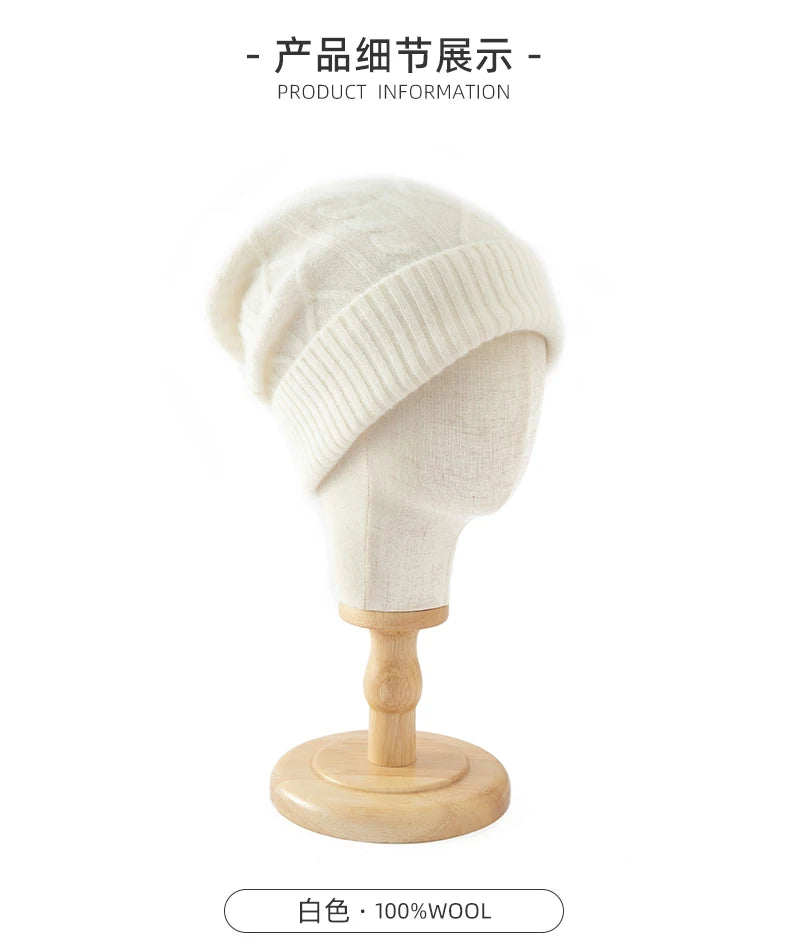 DjzDsm 100%Pure Wool Women's Hat For Winter Warm Soft Luxury Cashmere Twists Slouchy Street y2k Women's Hat