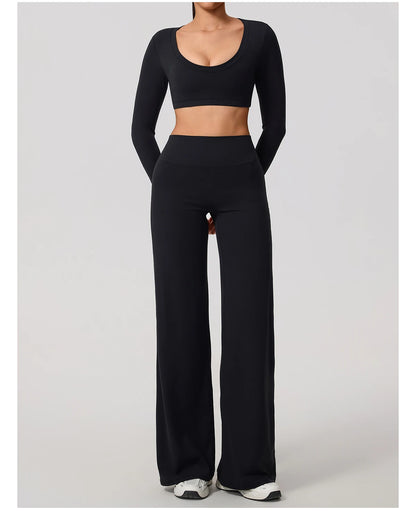 Hearuisavy Sports Set 2Pcs Women's  Long Sleeve Backless Fitted Fitness Top Push Up Pilates Yoga Top Wide Leg Straight Leg Pants