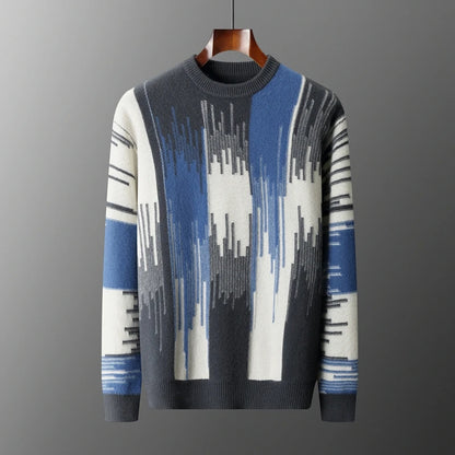 Men's 100% Merino Wool Color-Blocked O-Neck Sweater Long Sleeves Fashion Pullover Cashmere Loose Soft Warm Leisure Clothing Top