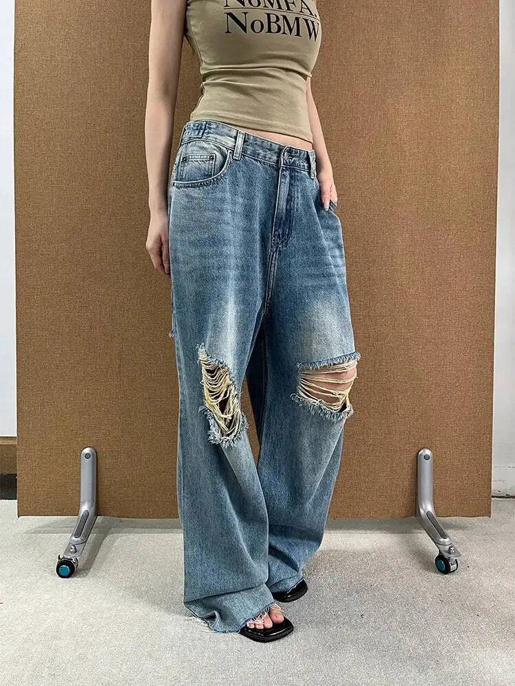 DEAT Fashion Ripped Straight Blue Jeans Women's High Waist Streetwear Denim Pants Summer New 7A4060